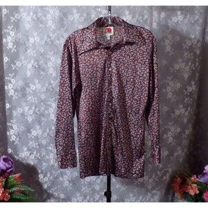 Vintage 70s Shirt 1970s Floral Blouse Wide Collar Retro Hippie Size Medium M/L